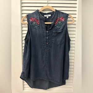 William Rast: Embroidered Denim Sleeveless Top
